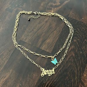 blue butterfly gold angel layered necklace